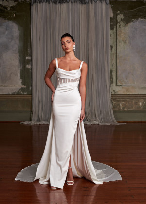 Ivory Satin Glitter Tulle Slit Minimalist Wedding Dress